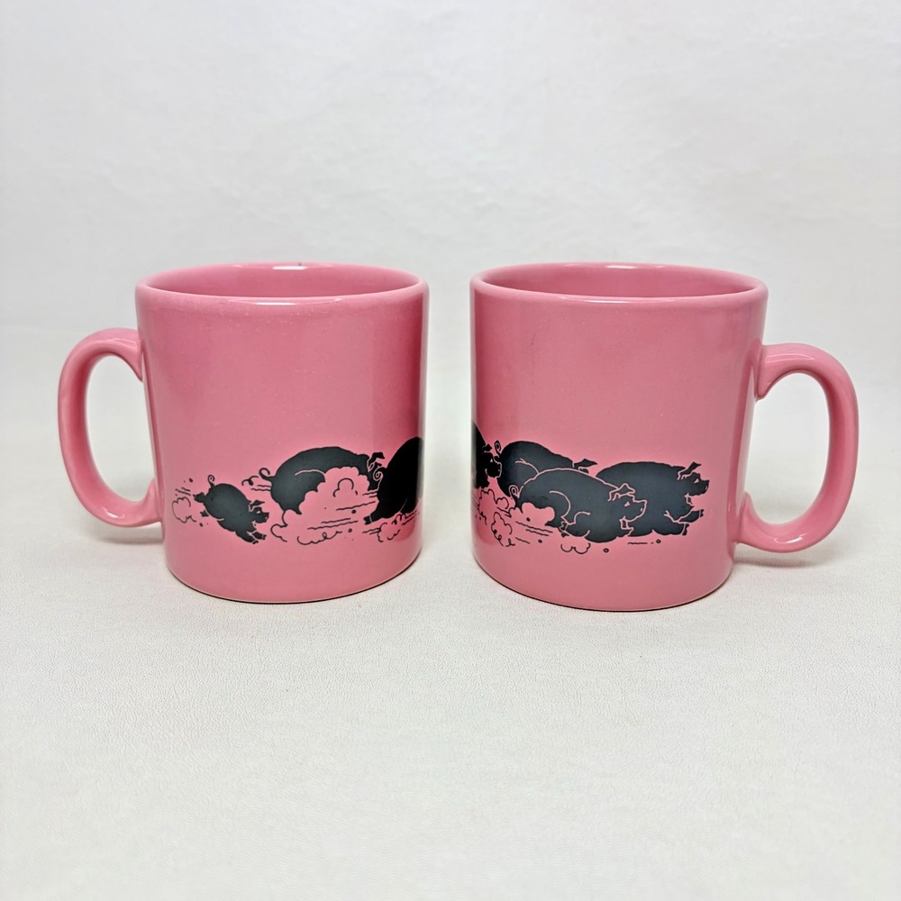 Set of 2 Vintage 1980s Ceramic Pig Race Mugs FPC Made in England Pink Cute